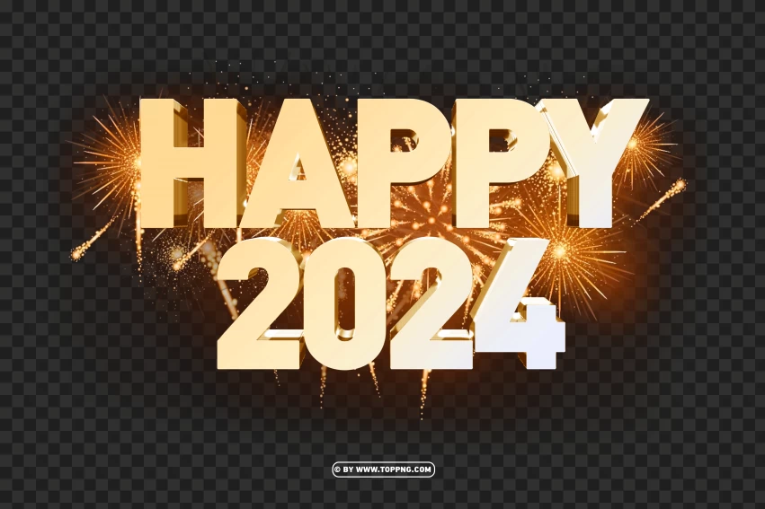 3d Happy 2024 Graphic Design With Firework Gold PNG Transparent Background