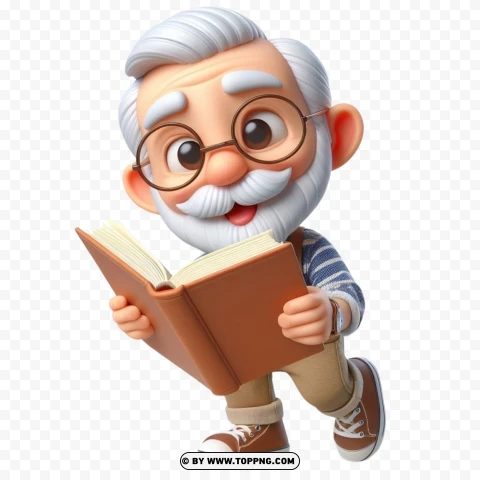 3d Old Man Reading Book Free Download PNG Transparent Background