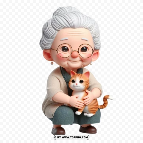 3d Old Woman Helping A Cat - Premium PNG Transparent Background