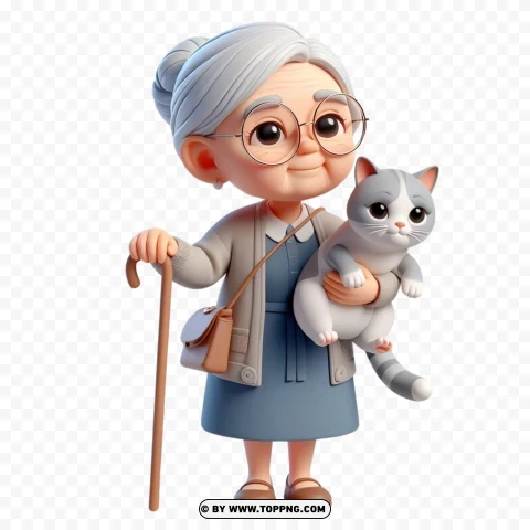 3D Old Woman,  3D character, cat,character,   cartoon,   senior,   elderly