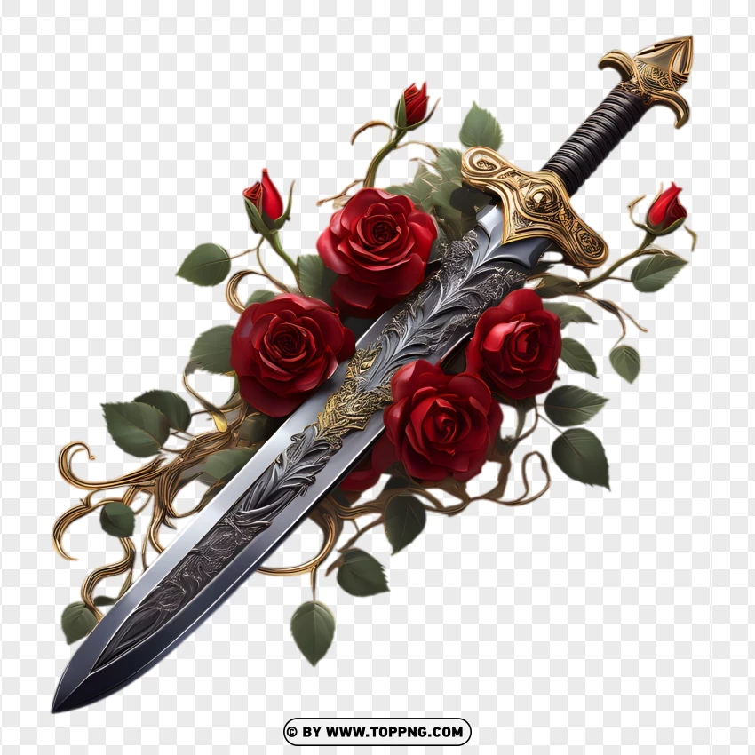 3D Sword And Roses Stock Vector PNG