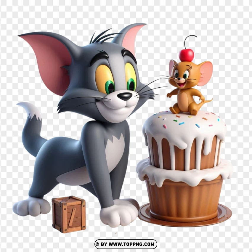 3d Tom And Jerry Celebrating With A Cake PNG Transparent Background