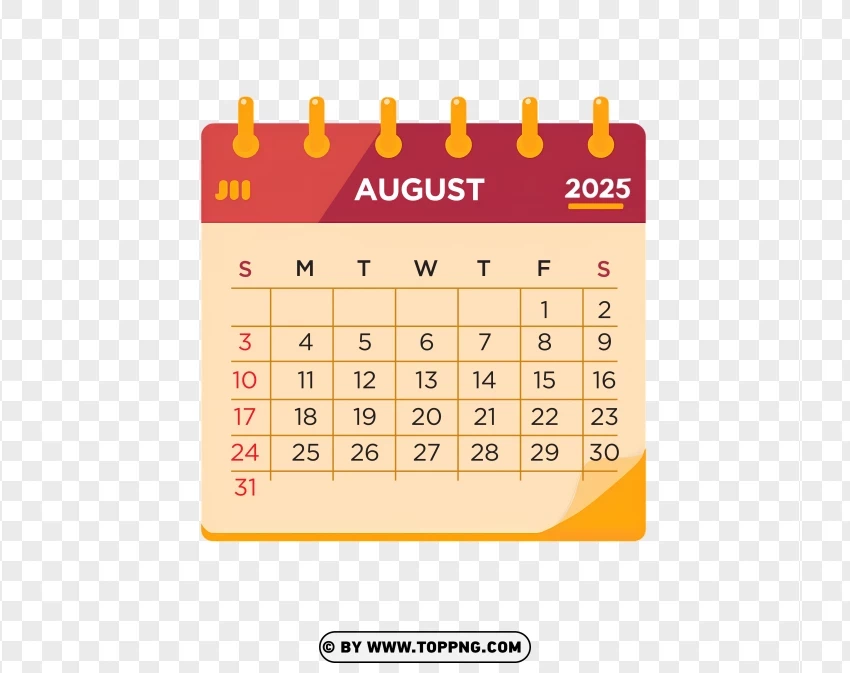 August 2025 Calendar PNG Transparent Background