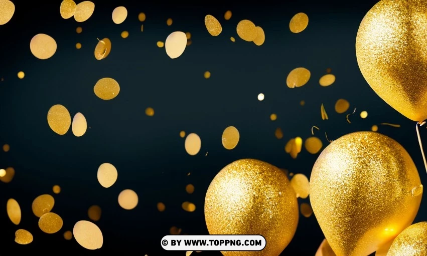 Festive golden balloons, Confetti celebration backdrop, Blurred bokeh party background, Golden inflatable balloons decor, Festive event ambiance, Confetti-filled background, Luxury party scene