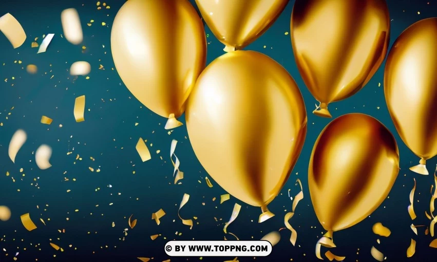 Festive golden balloons, Confetti celebration backdrop, Blurred bokeh party background, Golden inflatable balloons decor, Festive event ambiance, Confetti-filled background, Luxury party scene