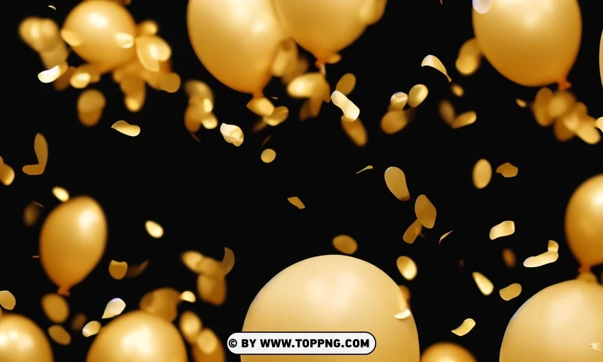 Festive golden balloons, Confetti celebration backdrop, Blurred bokeh party background, Golden inflatable balloons decor, Festive event ambiance, Confetti-filled background, Luxury party scene