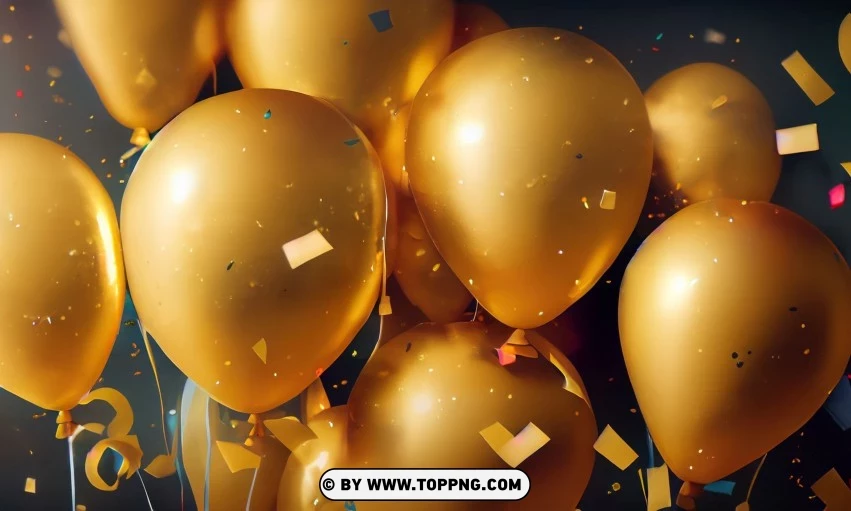 Festive golden balloons, Confetti celebration backdrop, Blurred bokeh party background, Golden inflatable balloons decor, Festive event ambiance, Confetti-filled background, Luxury party scene