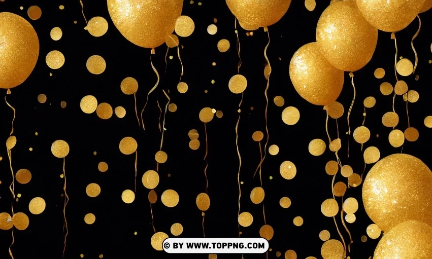 Festive golden balloons, Confetti celebration backdrop, Blurred bokeh party background, Golden inflatable balloons decor, Festive event ambiance, Confetti-filled background, Luxury party scene