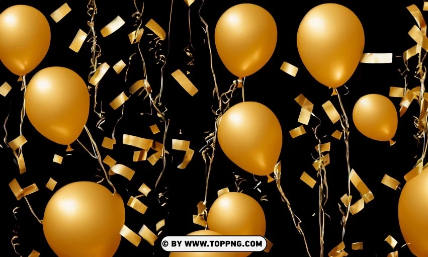 Festive golden balloons, Confetti celebration backdrop, Blurred bokeh party background, Golden inflatable balloons decor, Festive event ambiance, Confetti-filled background, Luxury party scene