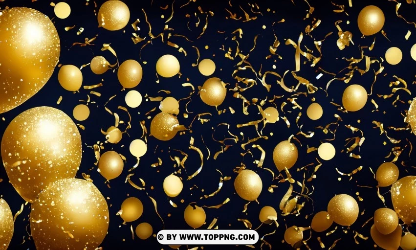 Festive golden balloons, Confetti celebration backdrop, Blurred bokeh party background, Golden inflatable balloons decor, Festive event ambiance, Confetti-filled background, Luxury party scene