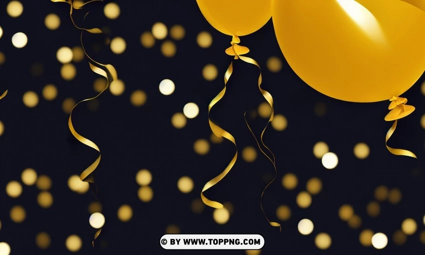 Festive golden balloons, Confetti celebration backdrop, Blurred bokeh party background, Golden inflatable balloons decor, Festive event ambiance, Confetti-filled background, Luxury party scene