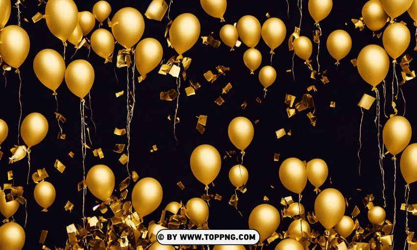 Festive golden balloons, Confetti celebration backdrop, Blurred bokeh party background, Golden inflatable balloons decor, Festive event ambiance, Confetti-filled background, Luxury party scene