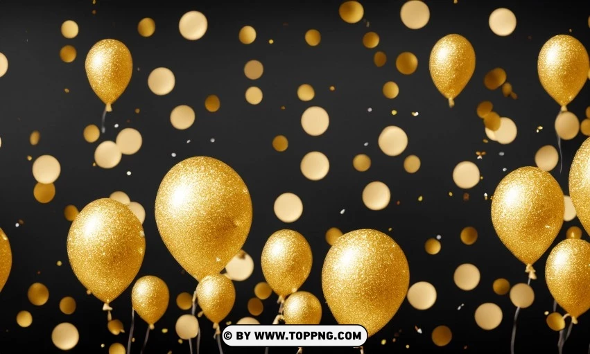 Festive golden balloons, Confetti celebration backdrop, Blurred bokeh party background, Golden inflatable balloons decor, Festive event ambiance, Confetti-filled background, Luxury party scene