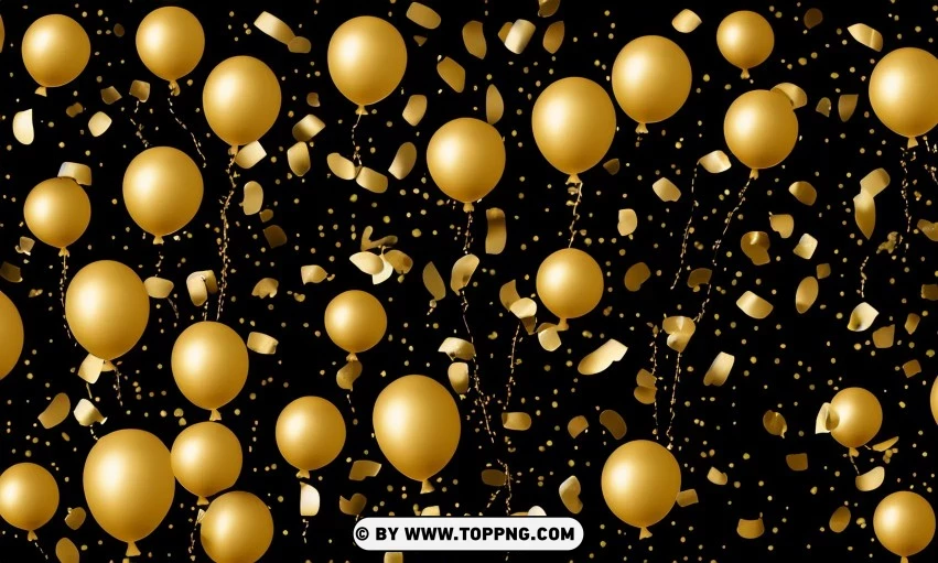 Festive golden balloons, Confetti celebration backdrop, Blurred bokeh party background, Golden inflatable balloons decor, Festive event ambiance, Confetti-filled background, Luxury party scene