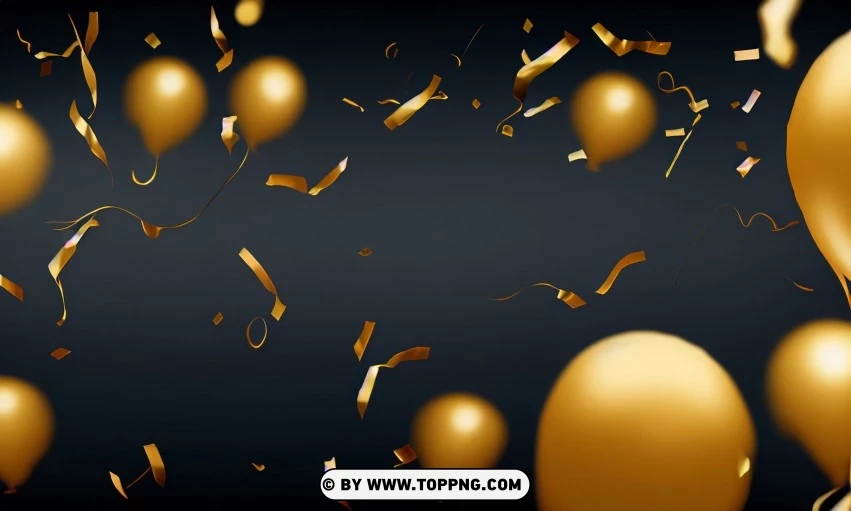 Festive golden balloons, Confetti celebration backdrop, Blurred bokeh party background, Golden inflatable balloons decor, Festive event ambiance, Confetti-filled background, Luxury party scene