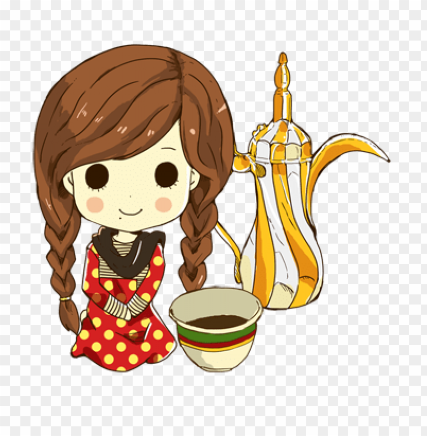 Cute girl with braids, coffee pot, and cup on black background PNG