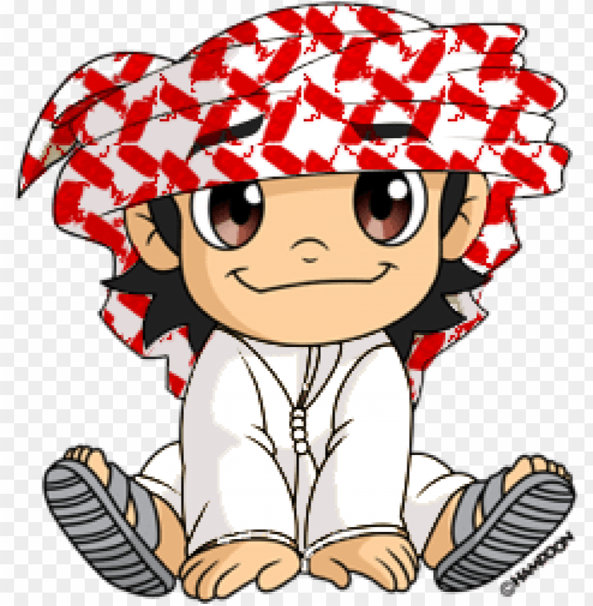 A cheerful cartoon boy in traditional attire with a distinctive red and white scarf PNG