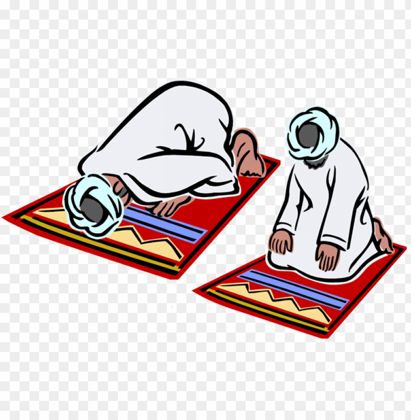 Two individuals praying on colorful prayer rugs PNG