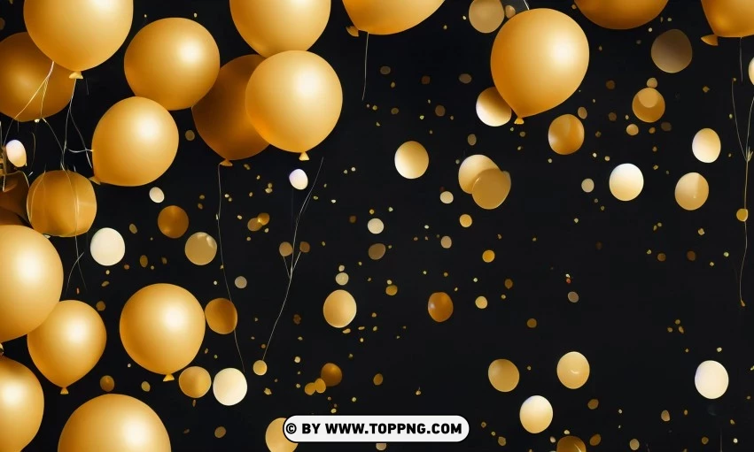 Festive golden balloons, Confetti celebration backdrop, Blurred bokeh party background, Golden inflatable balloons decor, Festive event ambiance, Confetti-filled background, Luxury party scene