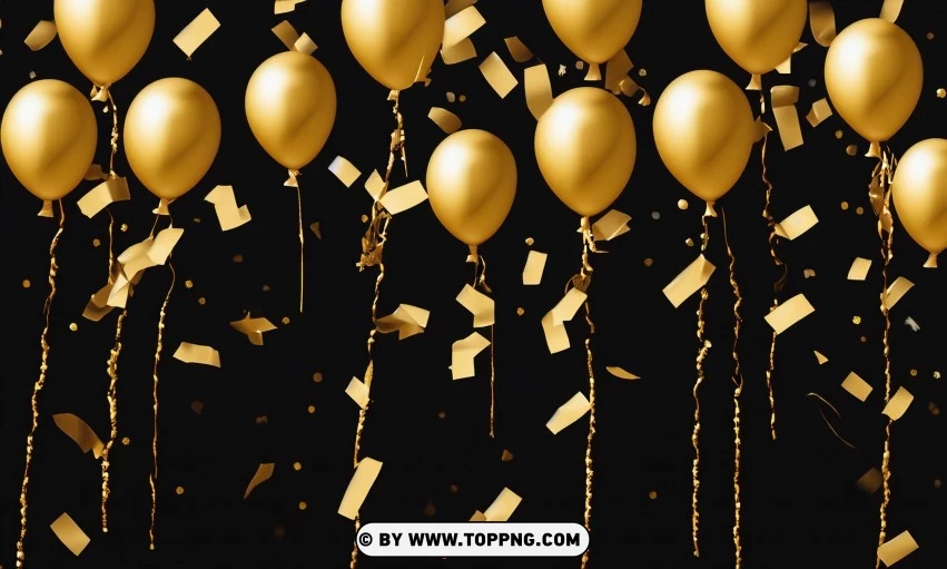 Festive golden balloons, Confetti celebration backdrop, Blurred bokeh party background, Golden inflatable balloons decor, Festive event ambiance, Confetti-filled background, Luxury party scene