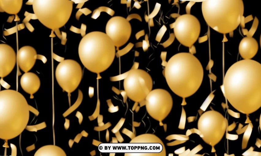 Festive golden balloons, Confetti celebration backdrop, Blurred bokeh party background, Golden inflatable balloons decor, Festive event ambiance, Confetti-filled background, Luxury party scene