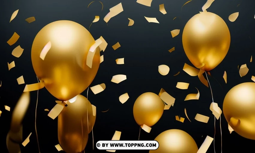 Festive golden balloons, Confetti celebration backdrop, Blurred bokeh party background, Golden inflatable balloons decor, Festive event ambiance, Confetti-filled background, Luxury party scene