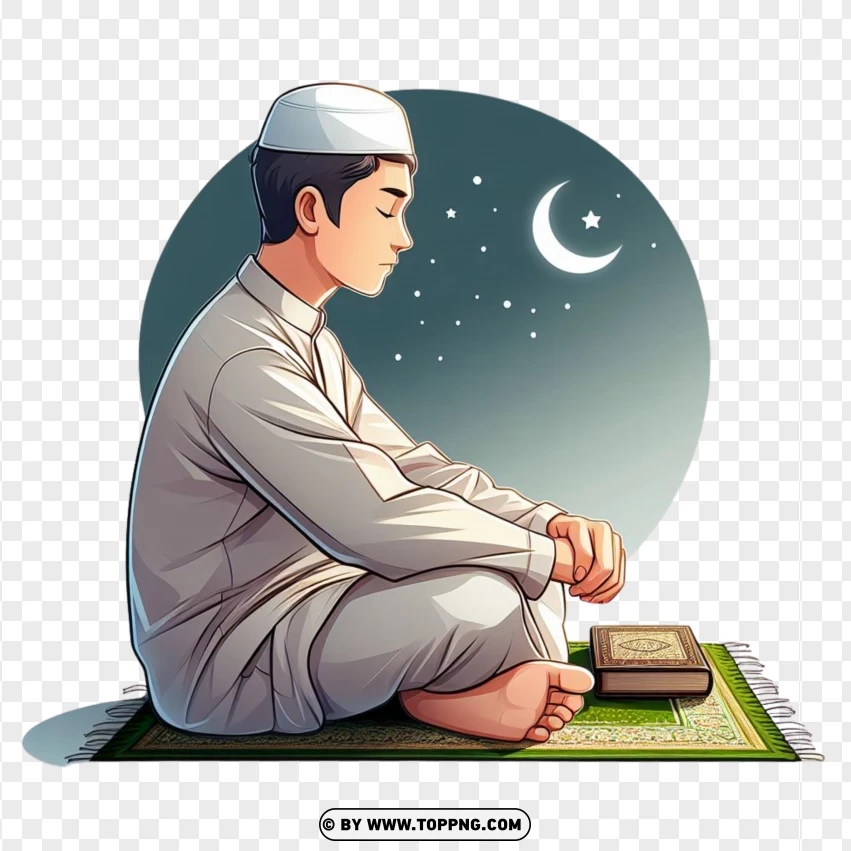 A Young Muslim Sitting On The Prayer Rug PNG Transparent Background