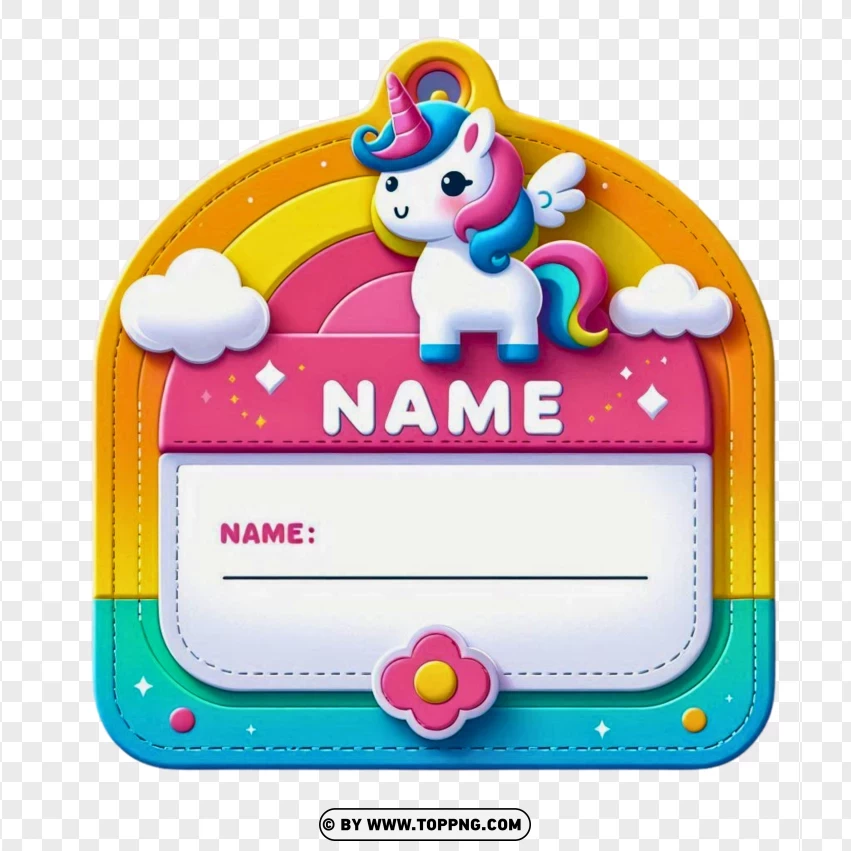 Adorable Rainbow Unicorn Name Badge Tag Sticker PNG Transparent Background