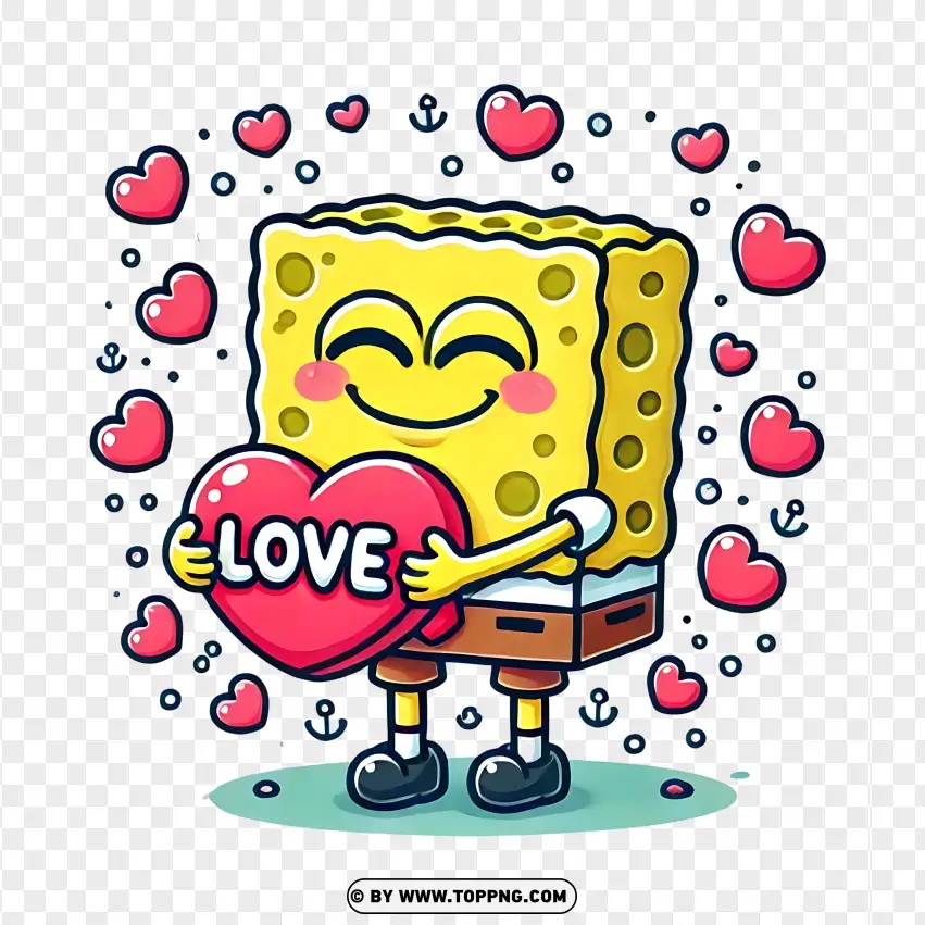 Adorable Spongebob Hugging A Heart With Love And Joy PNG Transparent Background