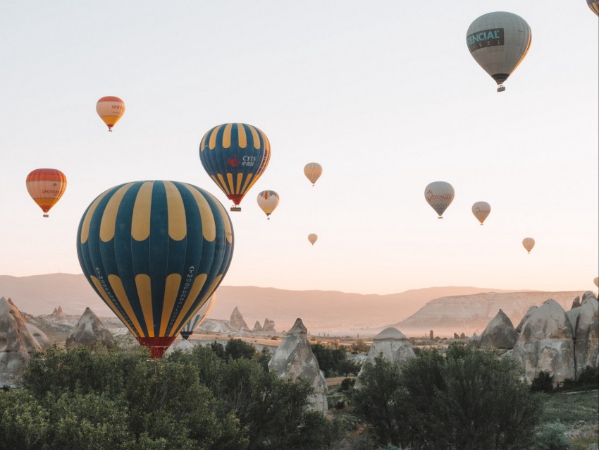 Air Balloons Sky Fly Mountains Rocks Background