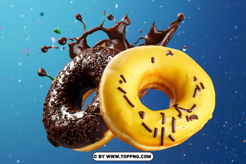 Airborne Sweetness Yellow And Chocolate Doughnuts With Sprinkles On Blue PNG Transparent Background