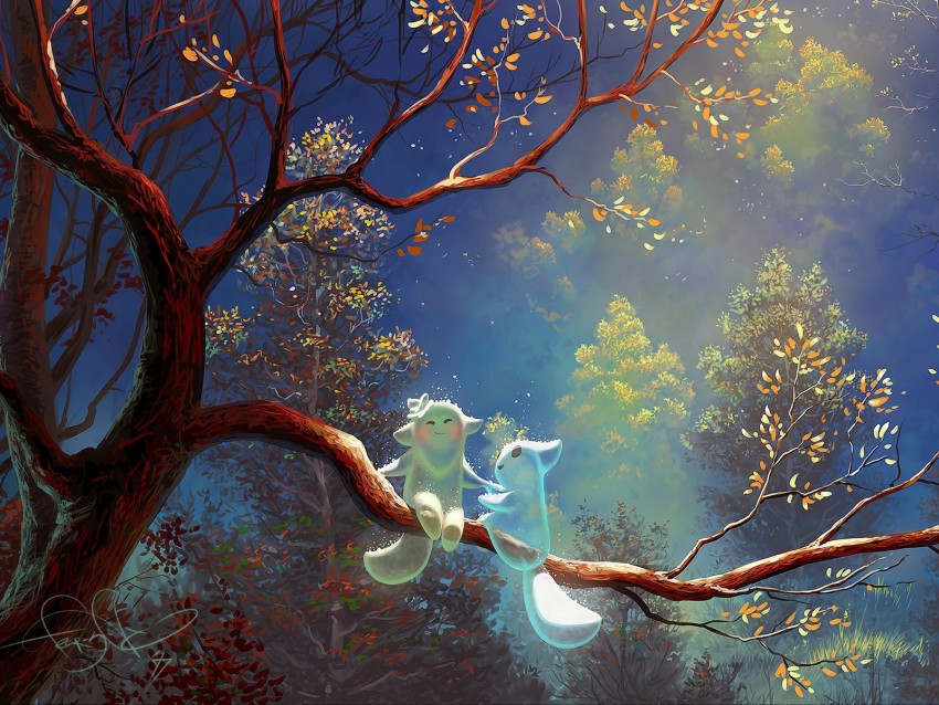 animals, tree, branch, magic, art, fantasy