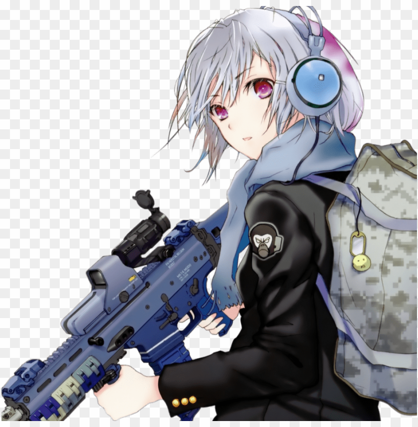 anime girl, digital art, character design, blue hair, headphones, tactical gear, cyberpunk style