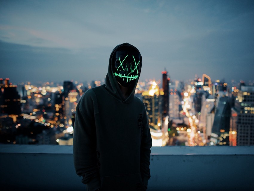 anonymous, mask, hood, hoodie, city, glow