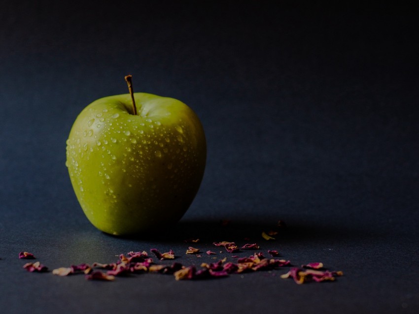 apple, green, wet, ripe, petals