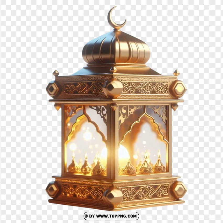 Arabic Square Lantern In Gold With Blurred Glass PNG Transparent Background