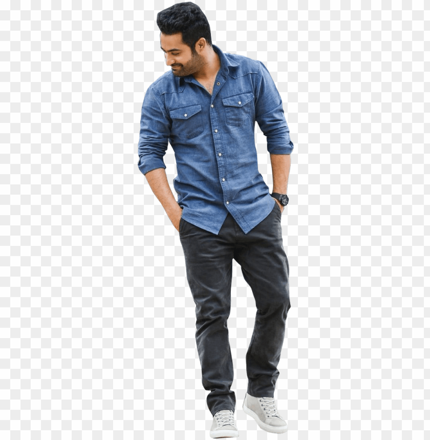 person, casual outfit, denim shirt, black pants, sneakers, smiling, male