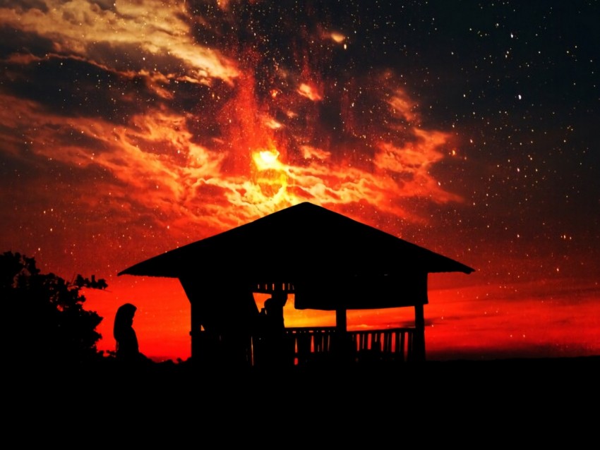 arbor, silhouettes, dark, twilight, sky, glow, red