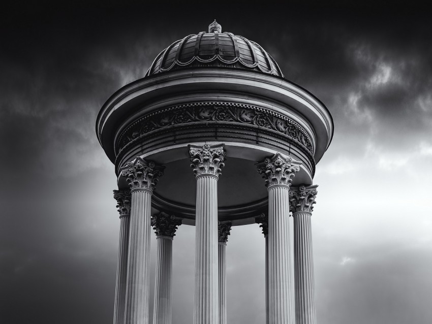 architecture, construction, bw, columns, dome, gray