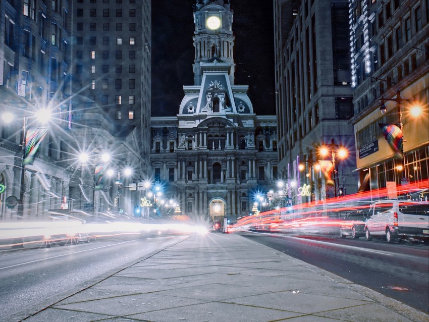 architecture, night city, city lights, philadelphia, usa