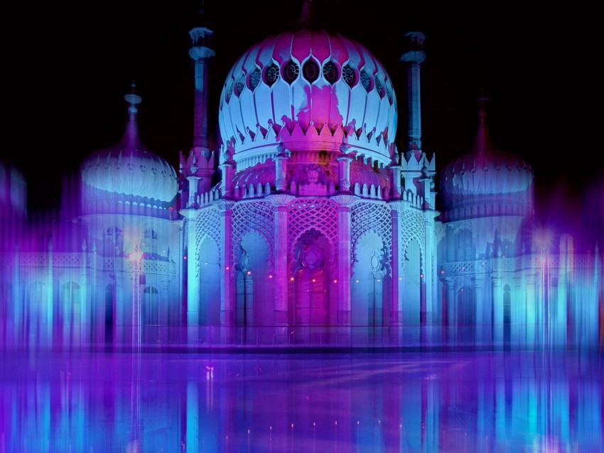 Architecture Night Neon Light Lilac Blue Pink Background