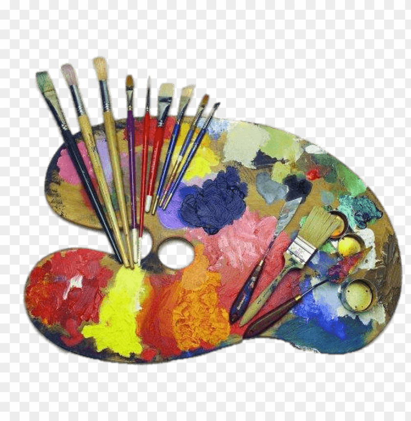 Artist palette with colorful paints and brushes laid out png