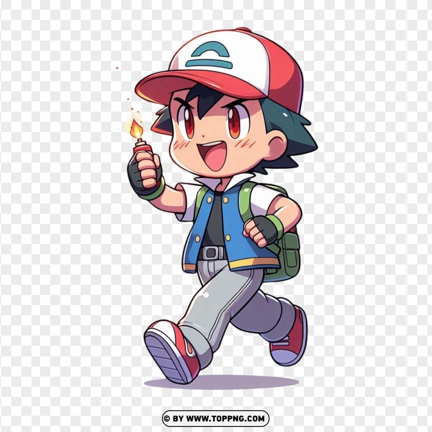 Ash Ketchum Ready For Adventure - Iconic Pokémon Trainer On The Go PNG Transparent Background