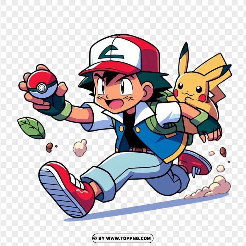 Ash Ketchum With Pikachu - Dynamic Duo In Pokémon Battle Mode PNG Transparent Background