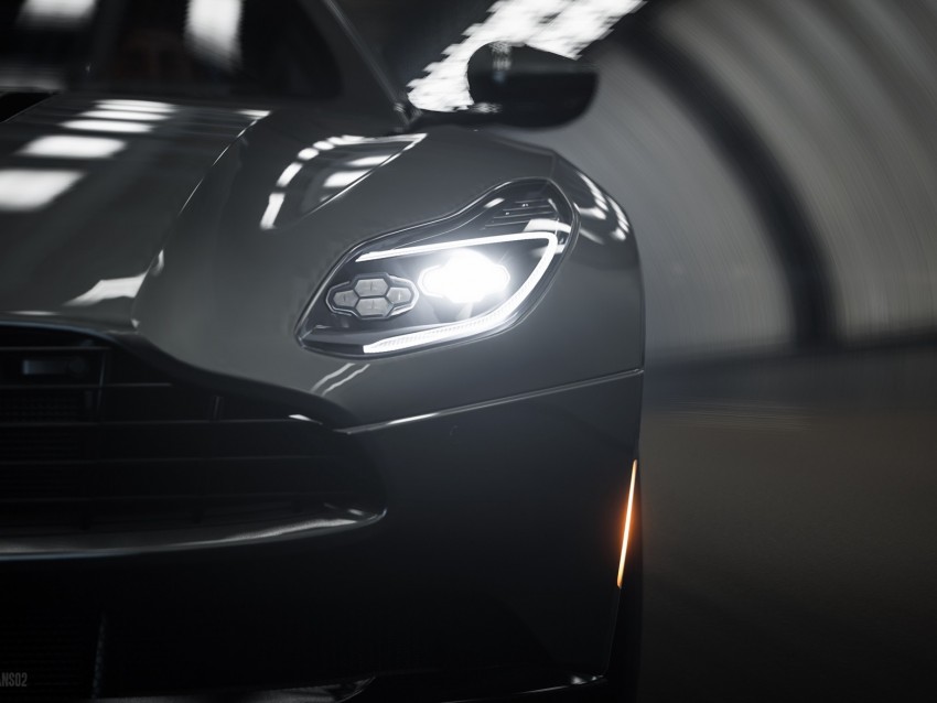 aston martin db11, aston martin, car, gray, headlight, light