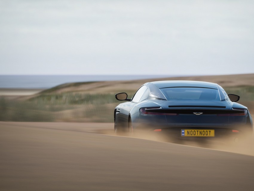 aston martin db11, aston martin, sportscar, blue, rear view, desert, sand