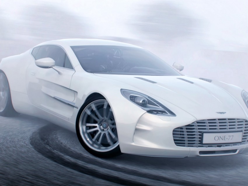 aston martin one 77, aston martin, white, sports car, drift, side view