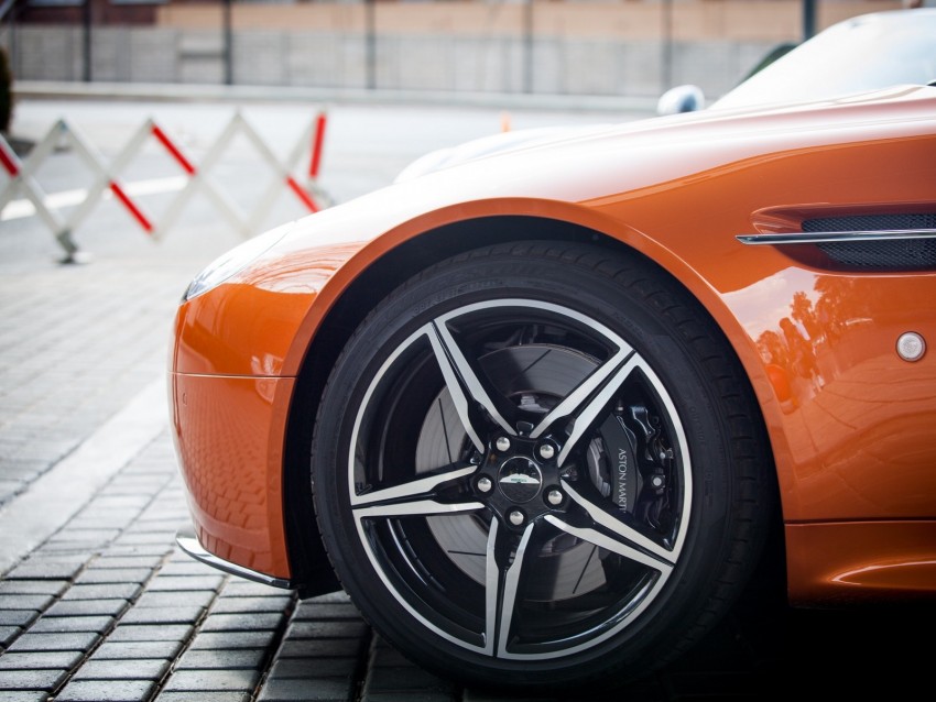 aston martin, wheel, tire, car, orange