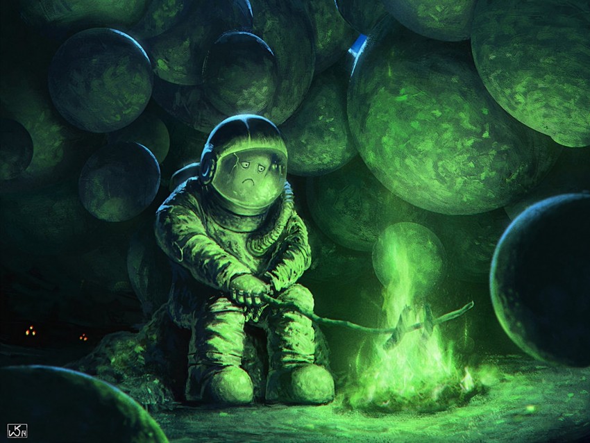 astronaut, bonfire, art, space, loneliness