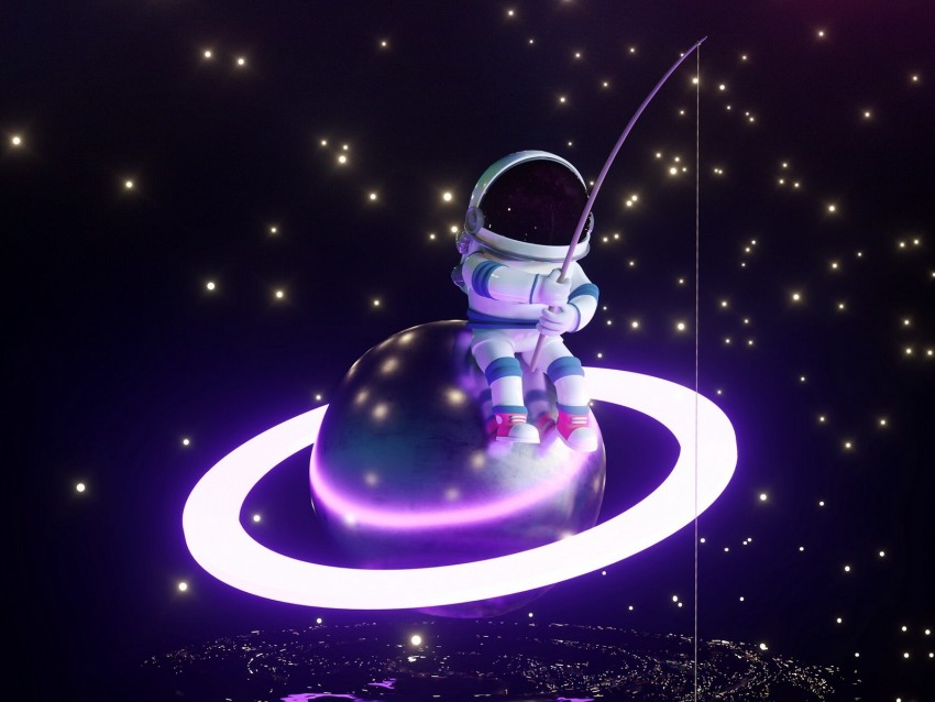 Astronaut Fisherman Planet Glow Stars Art Background